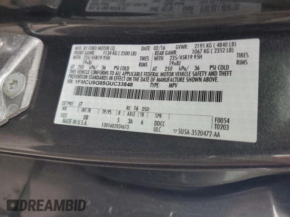 2016 Ford Escape SE z VIN 1FMCU9G95GUC33848, wystawiony jako Copart lot #58191925 z przebiegiem 108 194 mil mil oraz Szkoda całkowita • Salvage title. Historia ofert i sprzedaży dostępna na DreamBid. Obrazek 13.