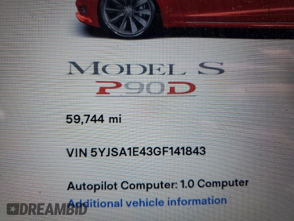 2016 Tesla Model S 90D with VIN 5YJSA1E43GF141843, listed as a Copart auction lot 51788965 with 59,744 mi miles and Salvage Title. Bid and sale history available at DreamBid. Image 9.