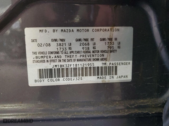 2008 Mazda Mazda3 Man i Sport *Ltd Avail* with VIN JM1BK32F181121955, listed as a Copart auction lot 47878345 with 122,117 mi miles and Salvage Title. Bid and sale history available at carsss.com. Image 12.