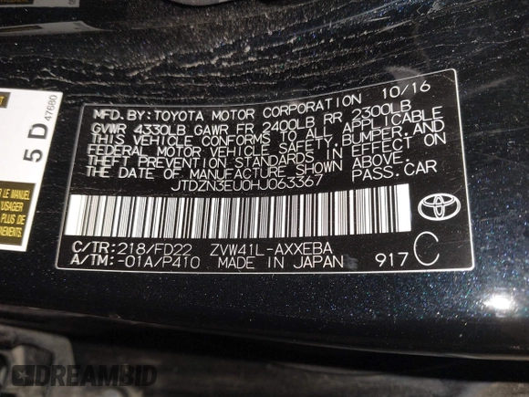 2017 Toyota Prius v Two with VIN JTDZN3EU0HJ063367, listed as a IAAI auction lot 40834930 with 153,045 mi miles. Bid and sale history available at carsss.com. Image 9.