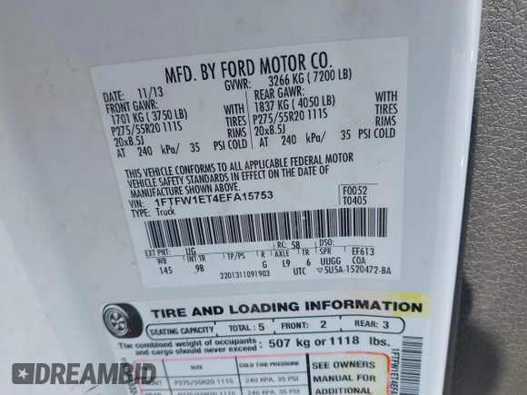 2014 Ford F-150 XL with VIN 1FTFW1ET4EFA15753, listed as a IAAI auction lot 41908571 with 161,901 mi miles. Bid and sale history available at carsss.com. Image 9.