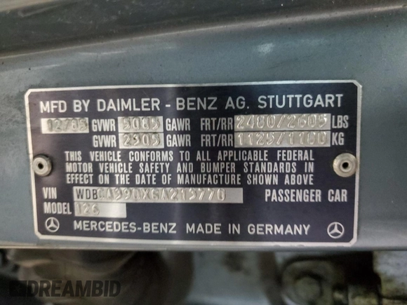 1986 Mercedes-Benz 560 with VIN WDBCA39DXGA213770, listed as a Copart auction lot 49787355 with 218,547 mi miles and Salvage Title. Bid and sale history available at DreamBid. Image 12.