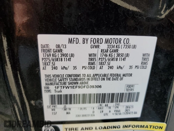 2013 Ford F-150 XL with VIN 1FTFW1EF9DFD39306, listed as a Copart auction lot 54364385 with 300,615 mi miles and Salvage Title. Bid and sale history available at carsss.com. Image 12.