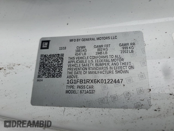 2019 Chevrolet Camaro 1LS with VIN 1G1FB1RX6K0122447, listed as a Copart auction lot 56042505 with 64,525 mi miles and Salvage Title. Bid and sale history available at carsss.com. Image 12.