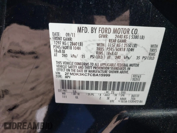 2012 Ford Edge Limited with VIN 2FMDK3KC7CBA15999, listed as a IAAI auction lot 41623622 with 280,526 mi miles. Bid and sale history available at carsss.com. Image 9.