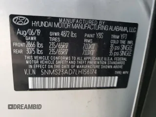 2020 Hyundai Santa Fe SE with VIN 5NMS23AD7LH156174, listed as a Copart auction lot 63015292 with 0 mi miles. Bid and sale history available at carsss.com. Image 10.