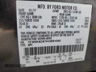 2017 Ford Explorer XLT с VIN 1FM5K8D87HGB91090, выставлен на аукционе Copart как лот 54681015 с пробегом 125 594 миль миль и Списание • Salvage title. История ставок и продаж доступна на DreamBid. Изображение 14.