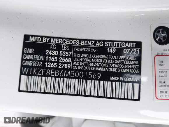 2021 Mercedes-Benz E 350 with VIN W1KZF8EB6MB001569, listed as a IAAI auction lot 41651693 with 35,156 mi miles and . Bid and sale history available at DreamBid. Image 9.