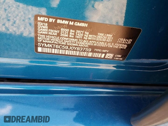 2018 BMW X5 M with VIN 5YMKT6C59J0Y83759, listed as a Copart auction lot 68018813 with 55,794 mi miles. Bid and sale history available at carsss.com. Image 12.