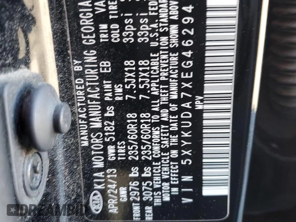 2014 Kia Sorento EX with VIN 5XYKUDA7XEG462941, listed as a Copart auction lot 84793014 with 0 mi miles and Salvage Title. Bid and sale history available at carsss.com. Image 13.
