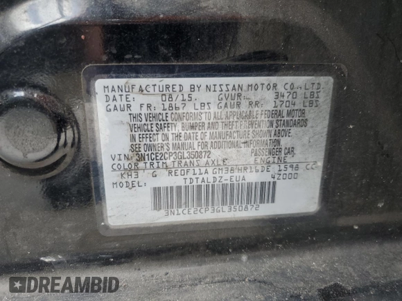 2016 Nissan Note S with VIN 3N1CE2CP3GL350872, listed as a Copart auction lot 54414465 with 135,492 mi miles and Salvage Title. Bid and sale history available at DreamBid. Image 14.
