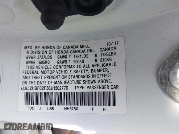 2018 Honda Civic LX with VIN 2HGFC2F56JH502770, listed as a IAAI auction lot 42117291 with 60,651 mi miles and . Bid and sale history available at DreamBid. Image 9.