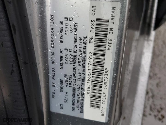 2015 Mazda Mazda6 i Touring with VIN JM1GJ1V6XF1174952, listed as a Copart auction lot 47697485 with 145,776 mi miles and Salvage Title. Bid and sale history available at carsss.com. Image 14.