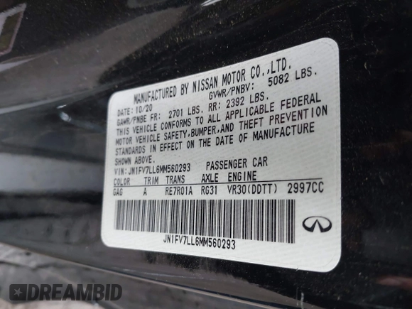 2021 Infiniti Q60 Red Sport 400 with VIN JN1FV7LL6MM560293, listed as a IAAI auction lot 41159901 with 38,172 mi miles and . Bid and sale history available at DreamBid. Image 9.