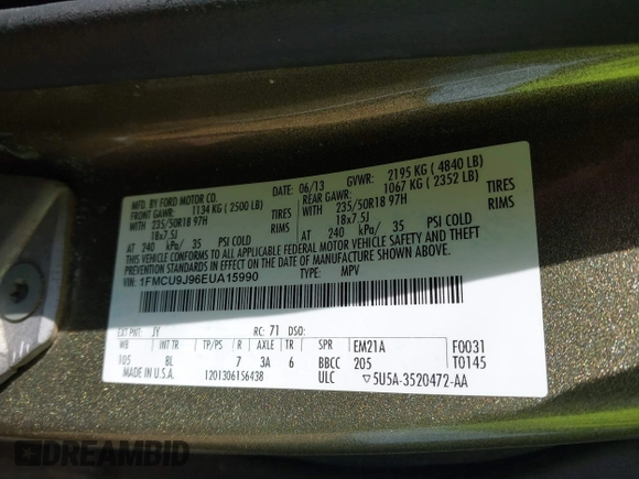 2014 Ford Escape Titanium with VIN 1FMCU9J96EUA15990, listed as a IAAI auction lot 41667046 with 203,202 mi miles. Bid and sale history available at carsss.com. Image 9.