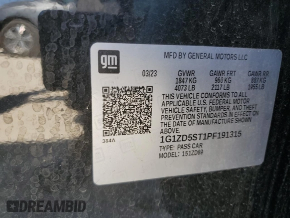 2023 Chevrolet Malibu LT with VIN 1G1ZD5ST1PF191315, listed as a Copart auction lot 47433975 with 26,150 mi miles and Salvage Title. Bid and sale history available at DreamBid. Image 14.