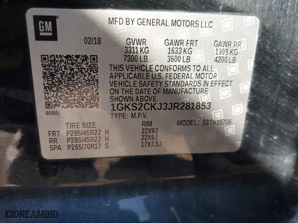 2018 GMC Yukon Denali with VIN 1GKS2CKJ3JR281853, listed as a IAAI auction lot 41946294 with 125,622 mi miles. Bid and sale history available at carsss.com. Image 9.