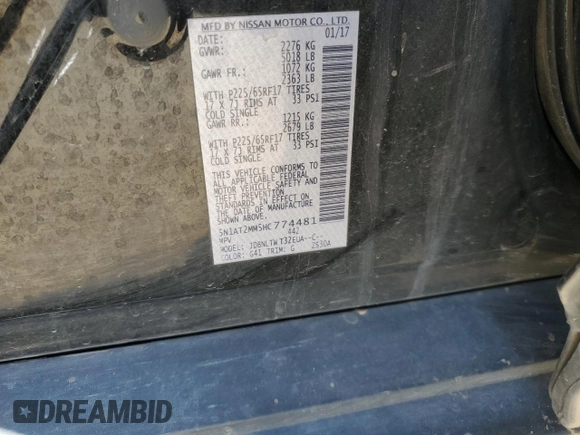 2017 Nissan Rogue S with VIN 5N1AT2MM5HC774481, listed as a Copart auction lot 57616045 with 173,269 mi miles and Salvage title. Bid and sale history available at DreamBid. Image 13.