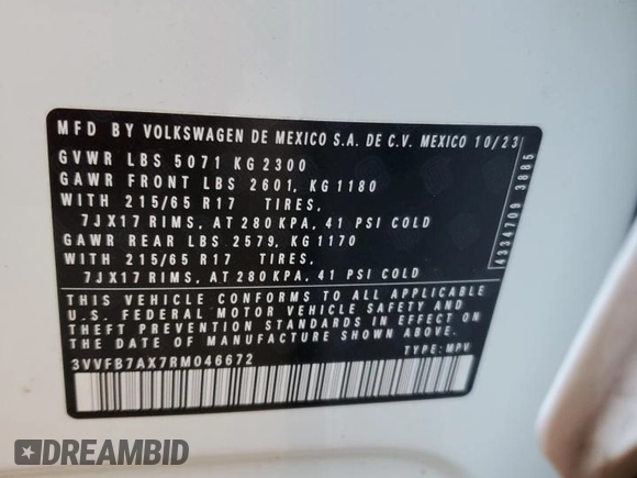 2024 Volkswagen Tiguan S с VIN 3VVFB7AX7RM046672, выставлен на аукционе Copart как лот 86002274 с пробегом 15 211 миль миль и Списание • Salvage title. История ставок и продаж доступна на DreamBid. Изображение 13.