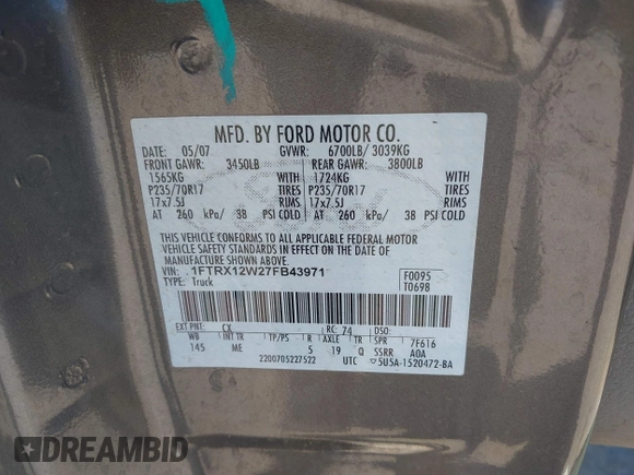 2007 Ford F-150 STX with VIN 1FTRX12W27FB43971, listed as a IAAI auction lot 42668899 with 142,834 mi miles and . Bid and sale history available at DreamBid. Image 9.