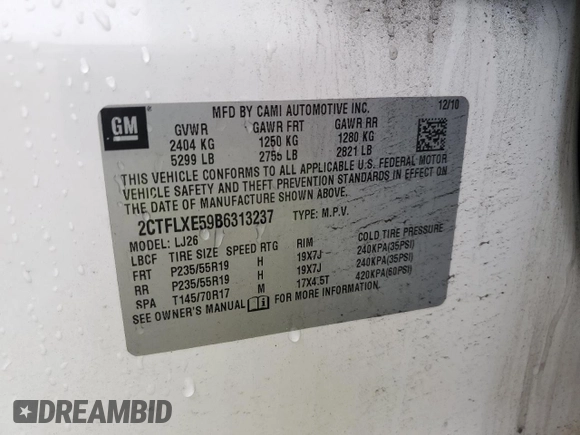 2011 GMC Terrain SLT-2 with VIN 2CTFLXE59B6313237, listed as a Copart auction lot 60635735 with 175,012 mi miles and Clean title. Bid and sale history available at DreamBid. Image 13.