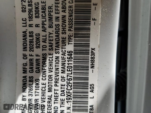 2020 Honda Civic LX with VIN 19XFC2F67LE011646, listed as a Copart auction lot 57428275 with 93,244 mi miles and Salvage title. Bid and sale history available at DreamBid. Image 12.