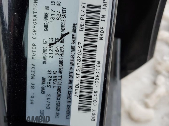 2013 Mazda 3 GX with VIN JM1BL1KF5D1820467, listed as a Copart auction lot 43338525 with 200,668 mi miles and Salvage Title. Bid and sale history available at carsss.com. Image 13.