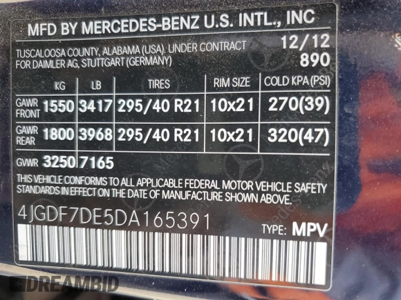 2013 Mercedes-Benz GL-Class GL 550 with VIN 4JGDF7DE5DA165391, listed as a Copart auction lot 42755515 with 153,241 mi miles and Salvage Title. Bid and sale history available at carsss.com. Image 13.