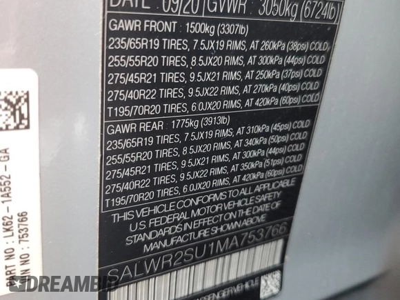 2021 Land Rover Range Rover Sport HSE Silver Edition with VIN SALWR2SU1MA753766, listed as a Copart auction lot 67033275 with Not provided miles and Clean title. Bid and sale history available at DreamBid. Image 12.