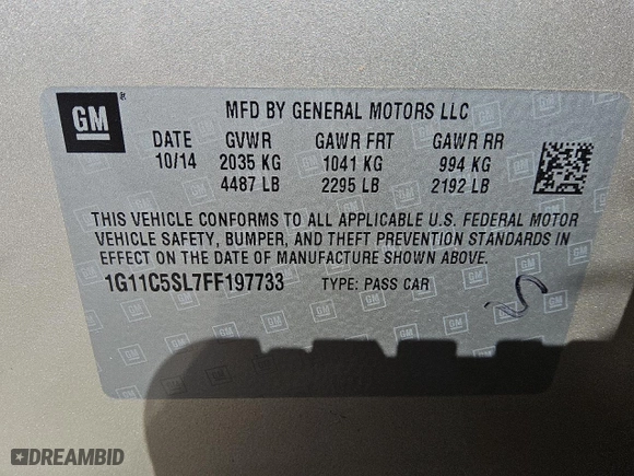 2015 Chevrolet Malibu LT with VIN 1G11C5SL7FF197733, listed as a Copart auction lot 46494055 with 61,016 mi miles and Clean Title. Bid and sale history available at carsss.com. Image 12.