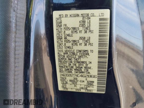 2004 Nissan Frontier XE z VIN 1N6DD26T74C462866, wystawiony jako IAAI lot #41505585 z przebiegiem 269 292 mil mil oraz . Historia ofert i sprzedaży dostępna na DreamBid. Obrazek 9.
