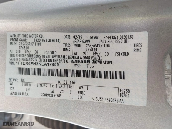 2019 Ford Ranger XL with VIN 1FTER4FH3KLA17800, listed as a IAAI auction lot 41779715 with 93,326 mi miles. Bid and sale history available at carsss.com. Image 9.