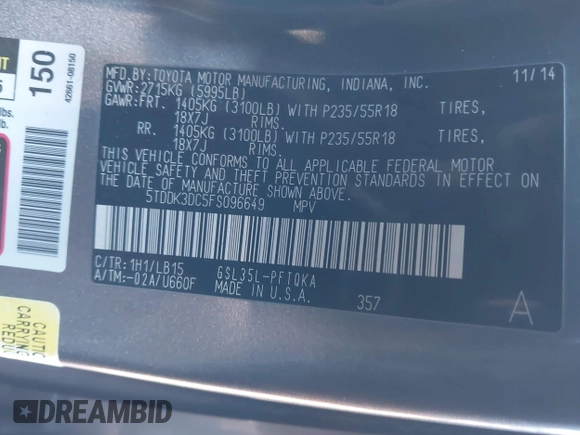 2015 Toyota Sienna Ltd with VIN 5TDDK3DC5FS096649, listed as a IAAI auction lot 41292478 with 234,298 mi miles. Bid and sale history available at carsss.com. Image 9.