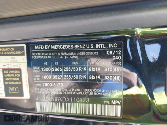 2013 Mercedes-Benz M 350 with VIN 4JGDA5JBXDA110173, listed as a IAAI auction lot 42166176 with 232,012 mi miles and . Bid and sale history available at DreamBid. Image 9.
