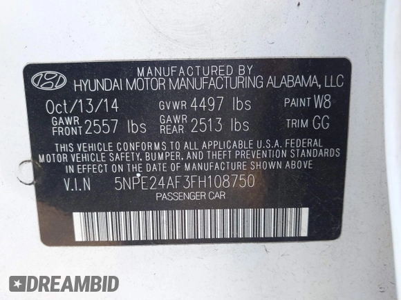 2015 Hyundai Sonata SE with VIN 5NPE24AF3FH108750, listed as a IAAI auction lot 41843880 with 168,561 mi miles and . Bid and sale history available at DreamBid. Image 9.