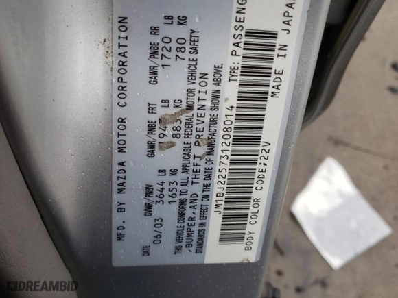 2003 Mazda Protege DX with VIN JM1BJ225731208014, listed as a Copart auction lot 86568234 with 275,867 mi miles and Salvage Title. Bid and sale history available at carsss.com. Image 12.