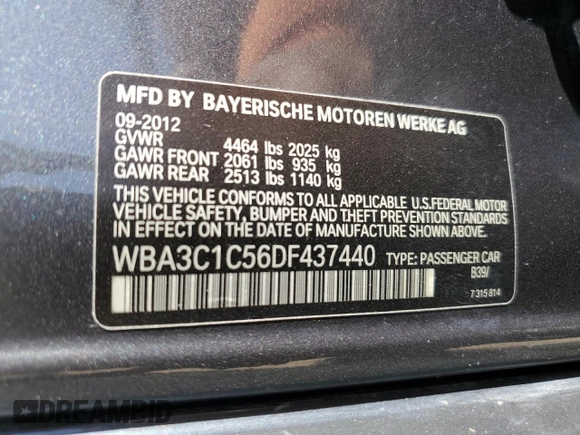 2013 BMW 3 Series 328i with VIN WBA3C1C56DF437440, listed as a Copart auction lot 61389475 with 122,736 mi miles and Salvage title. Bid and sale history available at DreamBid. Image 13.