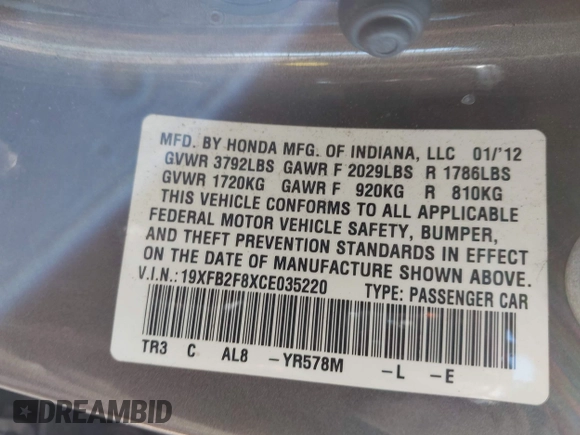 2012 Honda Civic EX with VIN 19XFB2F8XCE035220, listed as a IAAI auction lot 41993569 with 199,672 mi miles and . Bid and sale history available at DreamBid. Image 9.