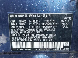 2016 Honda HR-V EX with VIN 3CZRU6H50GM749283, listed as a IAAI auction lot 41788762 with 76,785 mi miles. Bid and sale history available at carsss.com. Image 9.