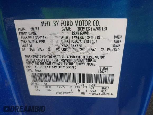 2011 Ford F-150 XL with VIN 1FTEX1CM2BFC56193, listed as a IAAI auction lot 41978870 with 155,808 mi miles. Bid and sale history available at carsss.com. Image 9.