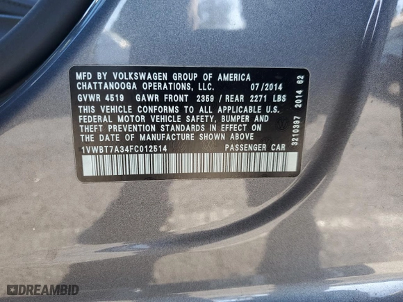 2015 Volkswagen Passat 1.8T Sport with VIN 1VWBT7A34FC012514, listed as a Copart auction lot 87976965 with 137,763 mi miles and Clean Title. Bid and sale history available at carsss.com. Image 12.
