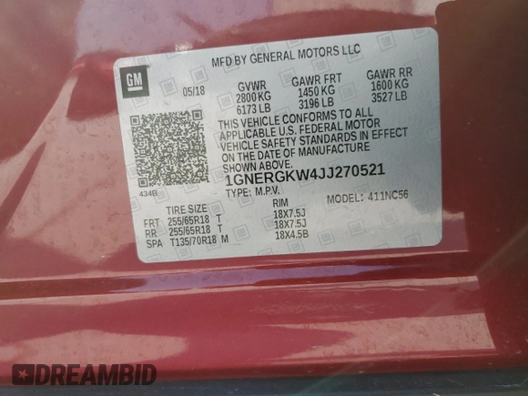 2018 Chevrolet Traverse LT Cloth with VIN 1GNERGKW4JJ270521, listed as a Copart auction lot 60305135 with 64,879 mi miles and Salvage title. Bid and sale history available at DreamBid. Image 13.