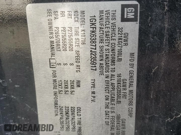 2007 GMC Yukon Denali z VIN 1GKFK63877J235917, wystawiony jako Copart lot #57445735 z przebiegiem 253 961 mil mil oraz Czysty tytuł • Clean title. Historia ofert i sprzedaży dostępna na DreamBid. Obrazek 13.