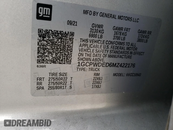 2021 Chevrolet Silverado 1500 RST with VIN 1GCPWDED6MZ422176, listed as a Copart auction lot 85763104 with 70,891 mi miles and Salvage Title. Bid and sale history available at carsss.com. Image 14.