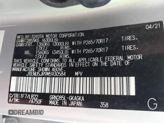 2021 Toyota 4Runner SR5 Premium with VIN JTENU5JR9M5930584, listed as a IAAI auction lot 42377592 with 58,340 mi miles and . Bid and sale history available at DreamBid. Image 9.