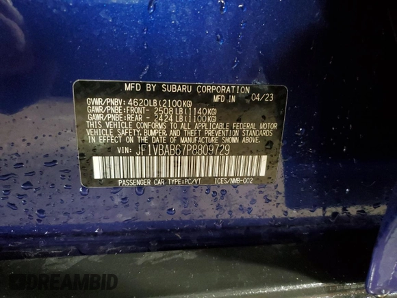 2023 Subaru WRX with VIN JF1VBAB67P8809729, listed as a Copart auction lot 51065505 with 13,023 mi miles and Salvage title. Bid and sale history available at DreamBid. Image 13.