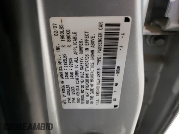 2007 Honda Accord LX z VIN 1HGCM564X7A108219, wystawiony jako Copart lot #58202915 z przebiegiem 184 839 mil mil oraz Szkoda całkowita • Salvage title. Historia ofert i sprzedaży dostępna na DreamBid. Obrazek 12.