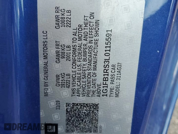 2020 Chevrolet Camaro 1LT z VIN 1G1FB1RS3L0115591, wystawiony jako Copart lot #55382985 z przebiegiem 78 305 mil mil oraz Szkoda całkowita • Salvage title. Historia ofert i sprzedaży dostępna na DreamBid. Obrazek 12.