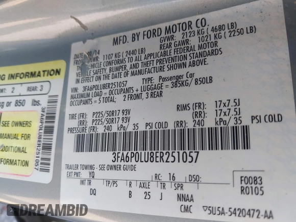 2014 Ford Fusion SE Hybrid with VIN 3FA6P0LU8ER251057, listed as a IAAI auction lot 42150589 with 188,192 mi miles and . Bid and sale history available at DreamBid. Image 9.