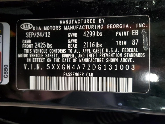 2013 Kia Optima EX with VIN 5XXGN4A72DG131003, listed as a Copart auction lot 51860065 with 197,296 mi miles and Salvage Title. Bid and sale history available at carsss.com. Image 14.